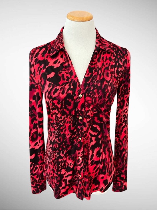 Cache Tops - Cache Vintage Buttondown Red Leopard Print Blouse Long Sleeves